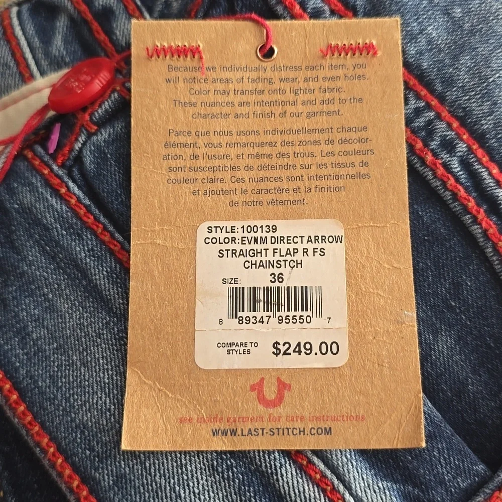 True Religion Ricky Exposed Red Chainstitch Straight Flap Jeans Men's Sz. 36